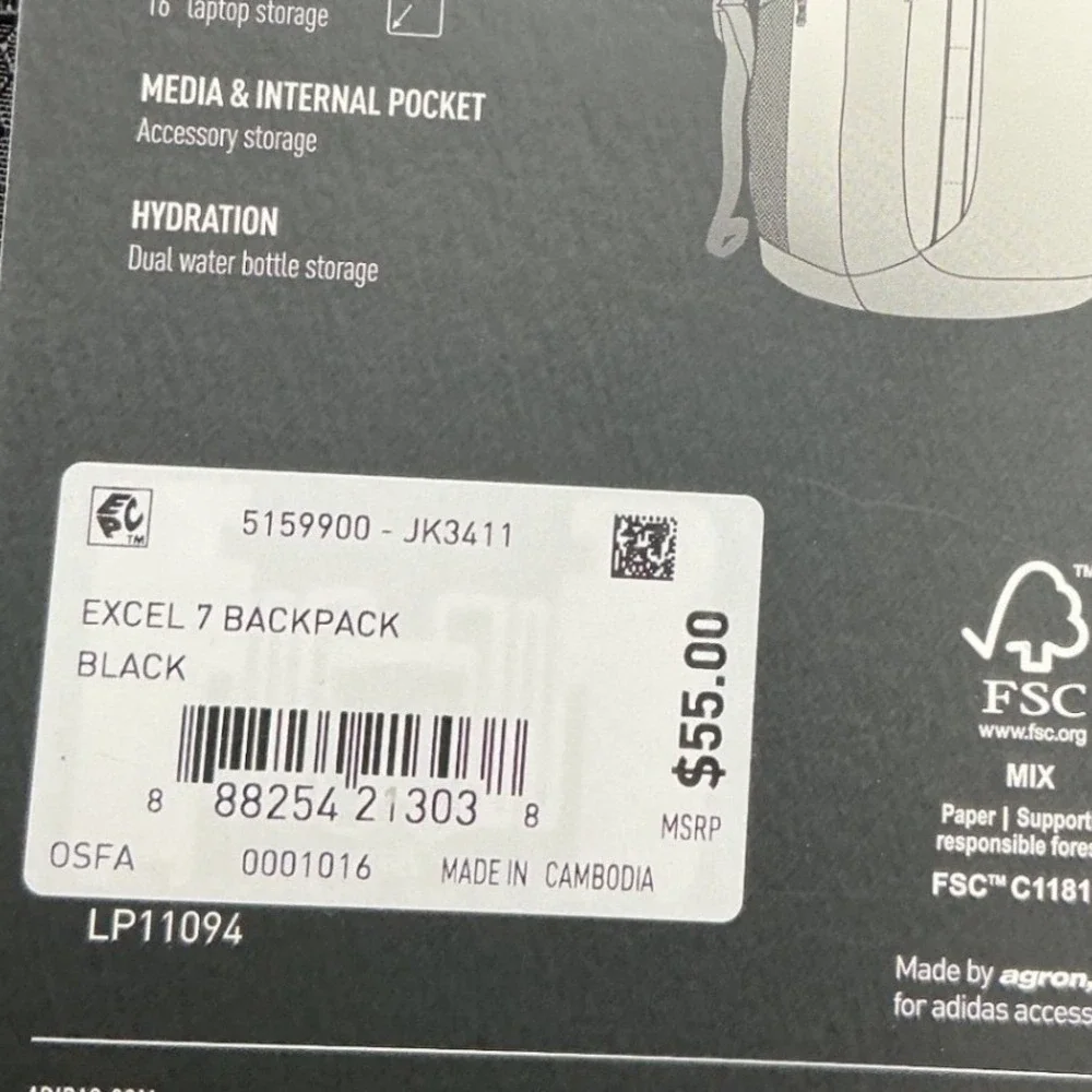 Adidas‎ Excel 7 Backpack Black OSFA New With Tags